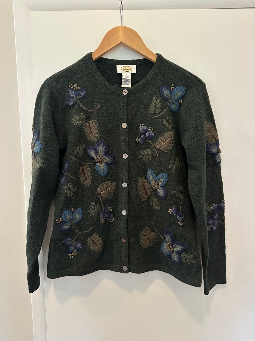 Talbots Dark Green Floral Embroidered Button-Up Cardigan